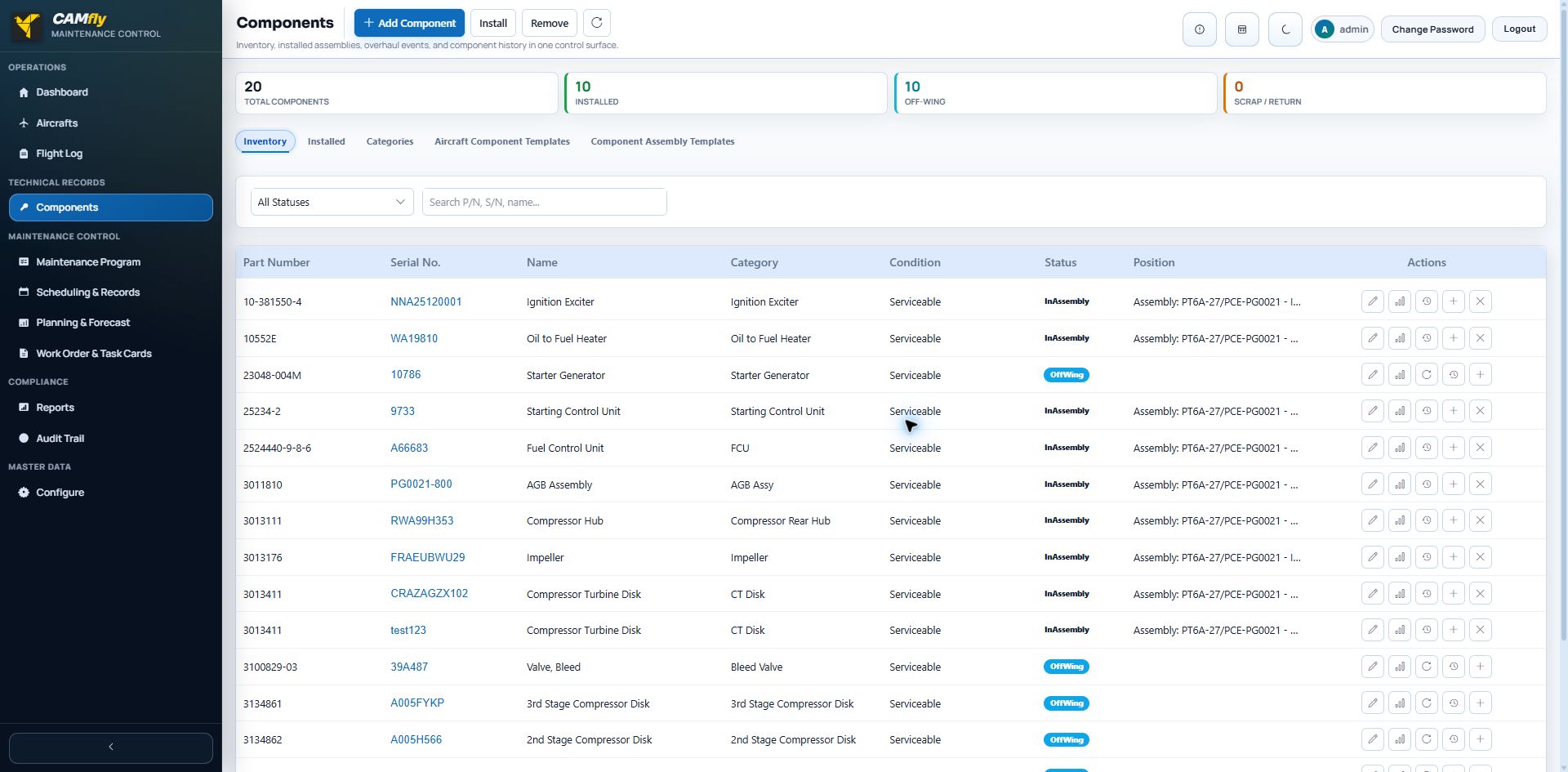 The CAMfly components workspace listing tracked components with their status and utilisation.