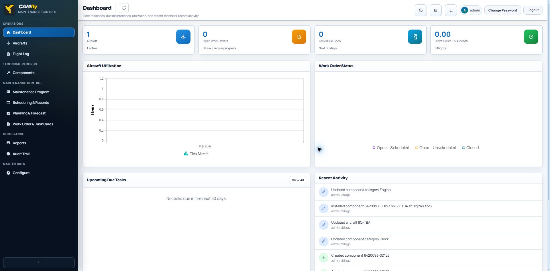 The CAMfly dashboard showing aircraft count, open work orders, tasks due soon, flight hours, an aircraft utilisation chart, work order status, upcoming due tasks and recent activity.