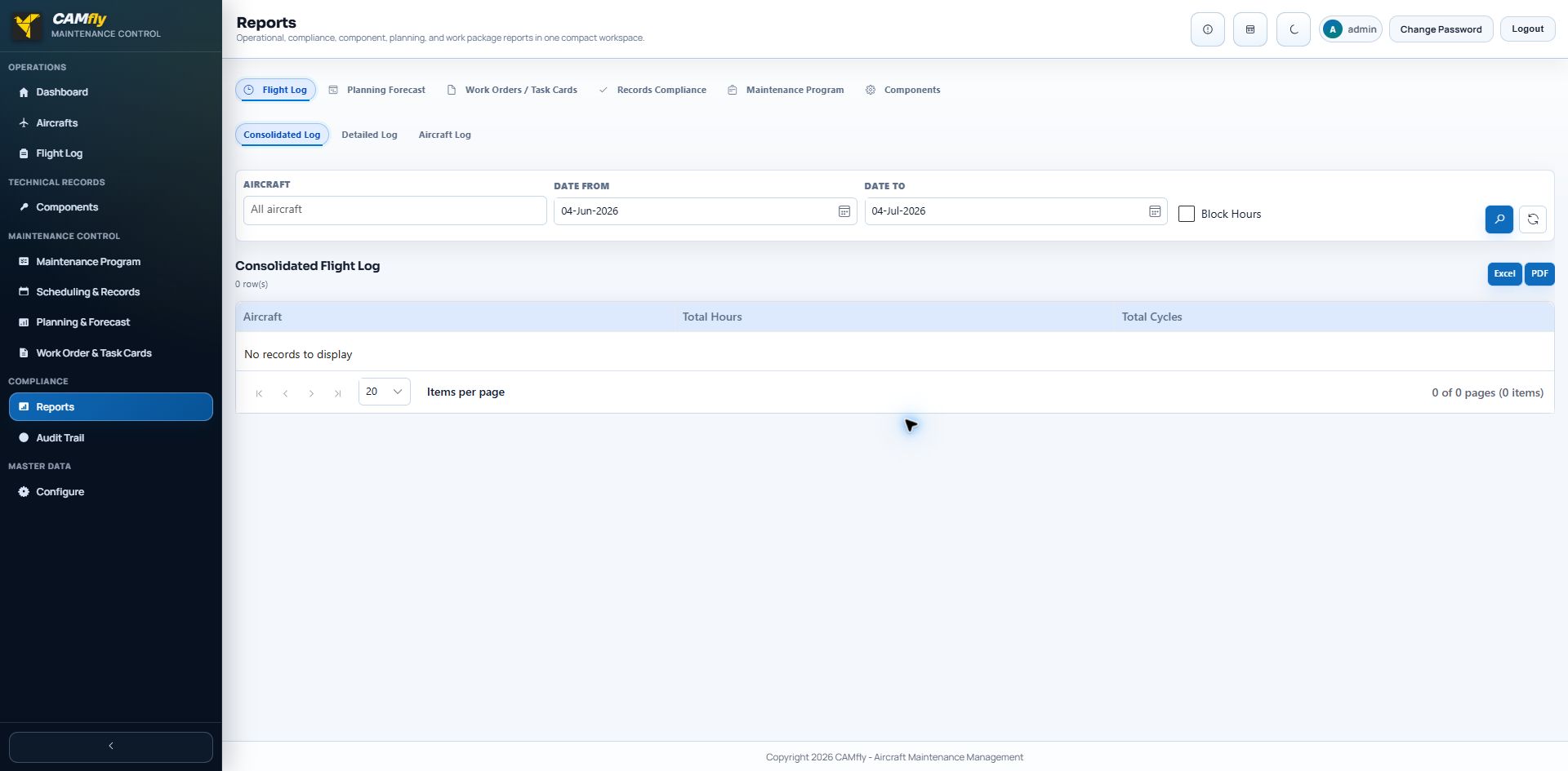 The CAMfly reports workspace showing the available compliance and maintenance report categories.